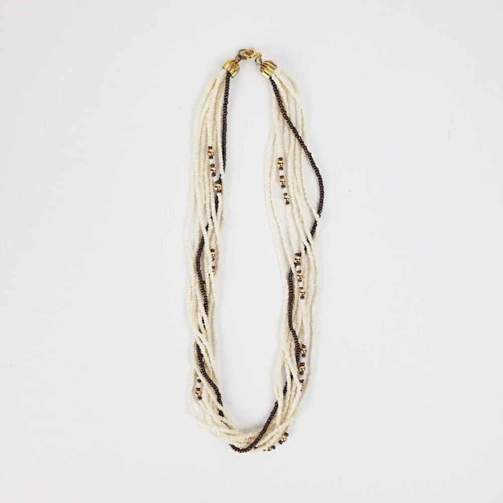 Pearl and Brown Choker Necklace Delicate Beaded Twist Multi-Strand